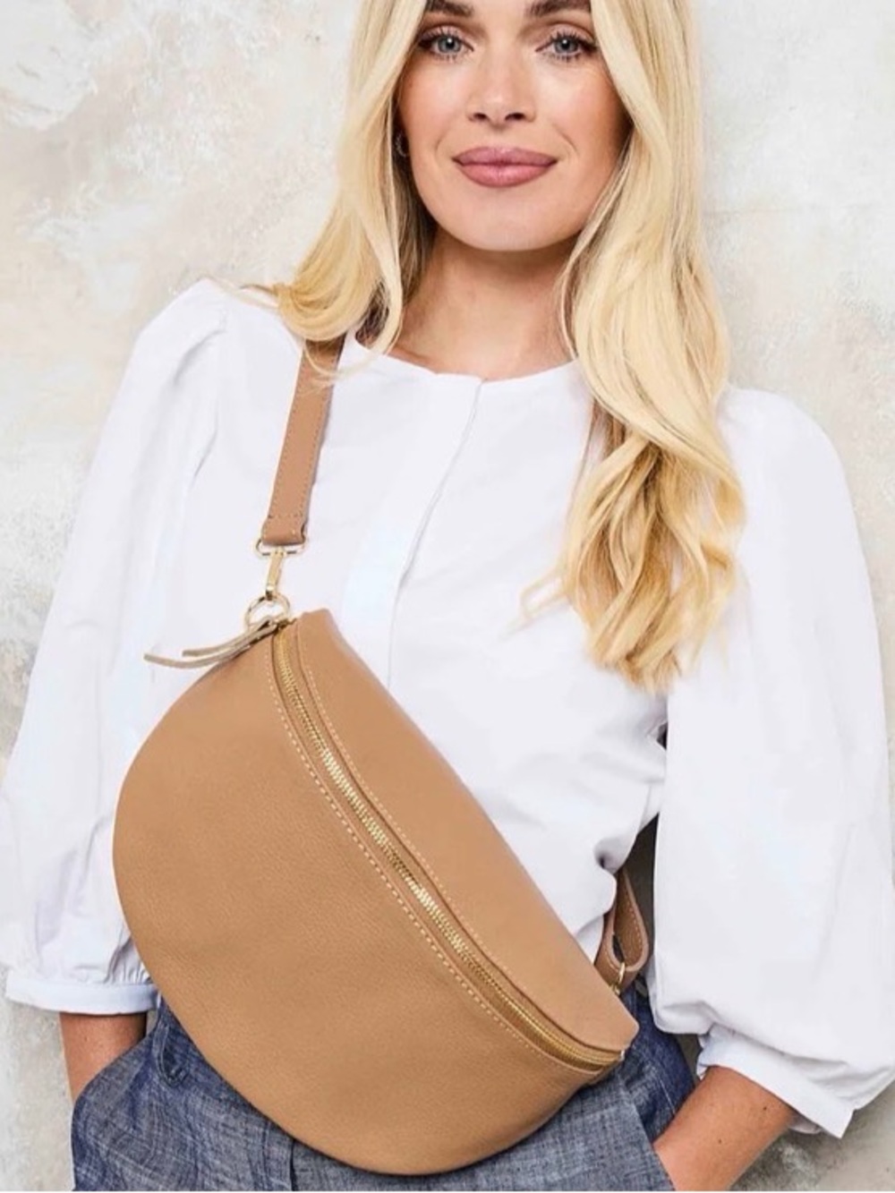 Ellie Beaumont Leather Pebbled Tan Camel Beige Curved Crossbody Bum Bag - Picture 2 of 13